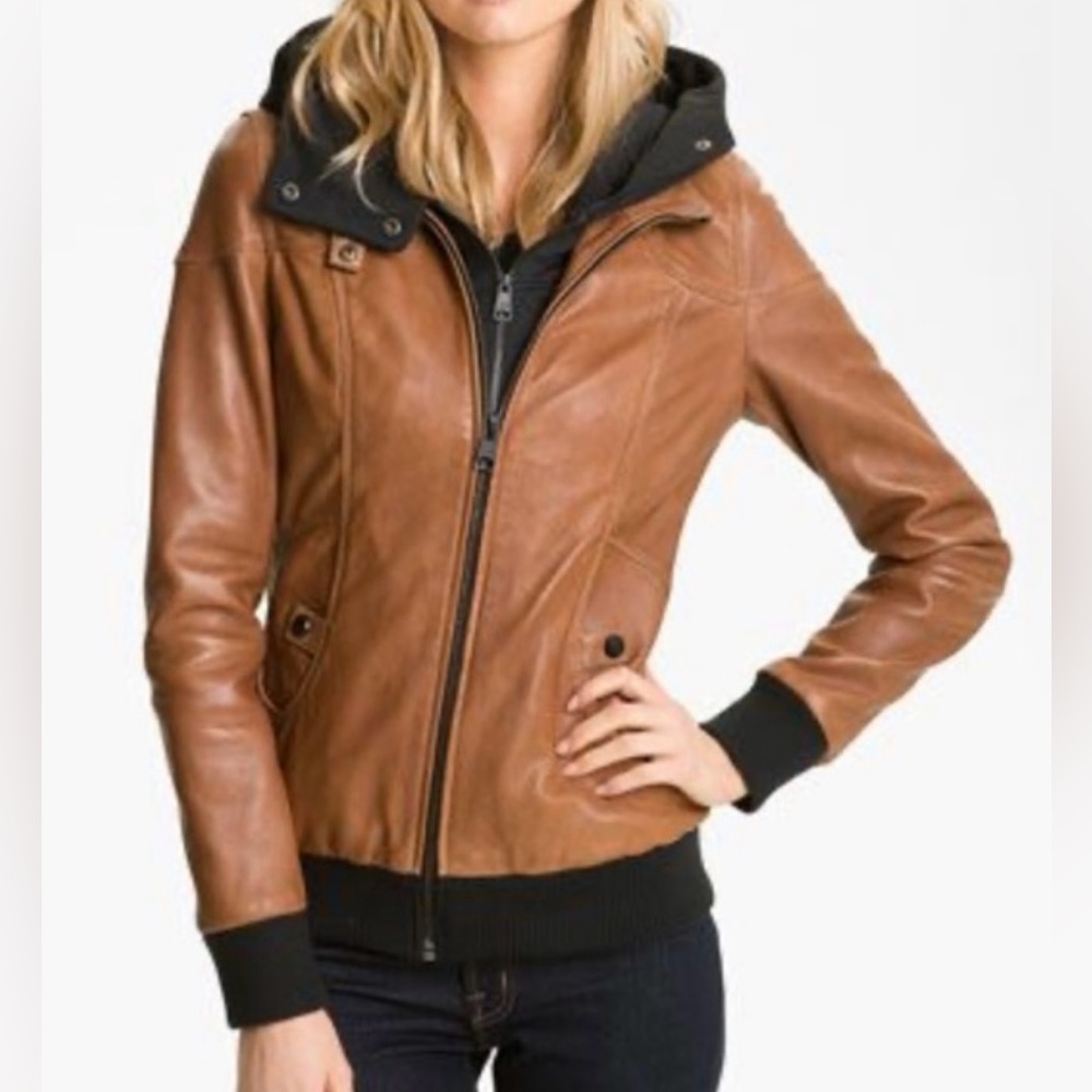 Small Soia & Kyo Leather Jacket with Removable Hood